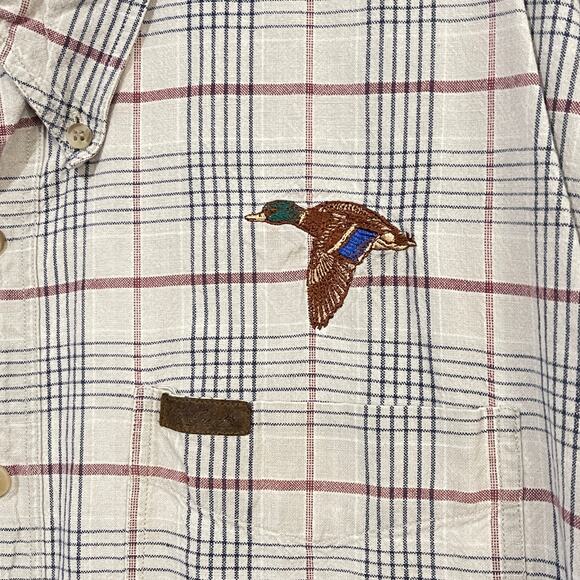 Woolrich Button Down Shirt Mens 2XL Mallard Duck Embroidery Beige Plaid Pocket - Picture 3 of 9